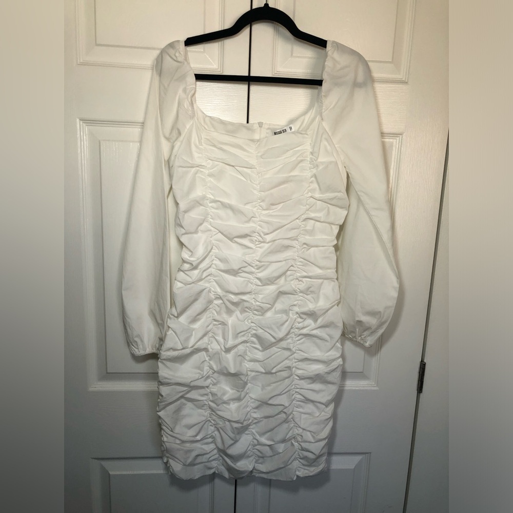 NWT White Missguided Tall Ruched Long Sleeve Poplin Square Neck Mini Dress 8